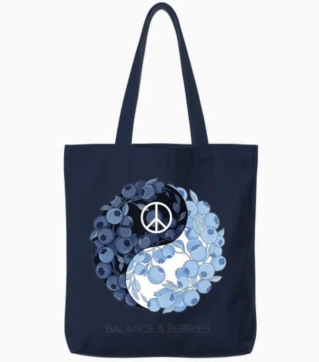 Balance & Berries β Yin Yang Blueberry Peace Desig Tote Bags in Navy