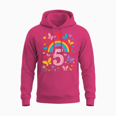 Kinder Children's Birthday 5 Girls Rainbow Fairy Fifth 5 Years Old Unisex Hoodie - Heliconia