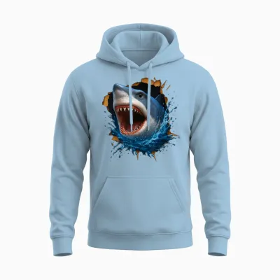 Toller Weißer Hai, Zerrissener Stoff, Lustige 3d-Grafik Unisex Hoodie - Light Blue