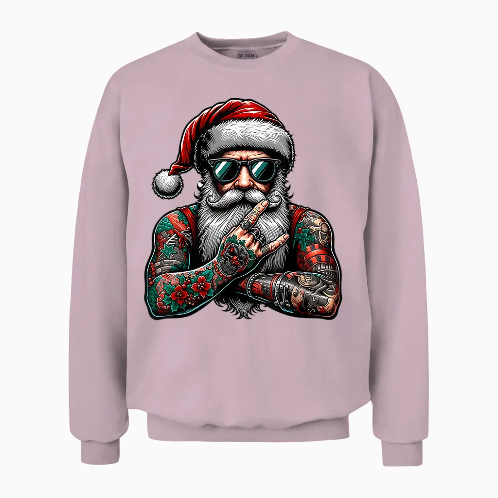 Tattooed Santa Claus Inked Xmas Men & Women Ugly Christmas Unisex Sweatshirt in Light Pink