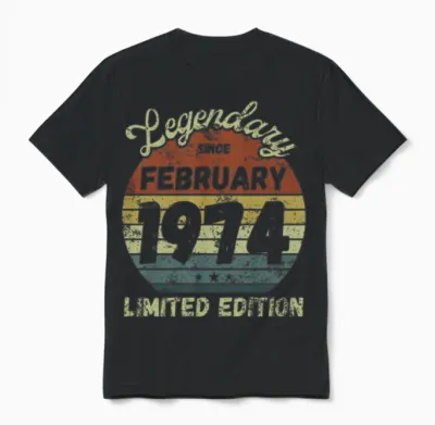 February 1974 - Vintage Birthday Present Unisex T-Shirt - Black