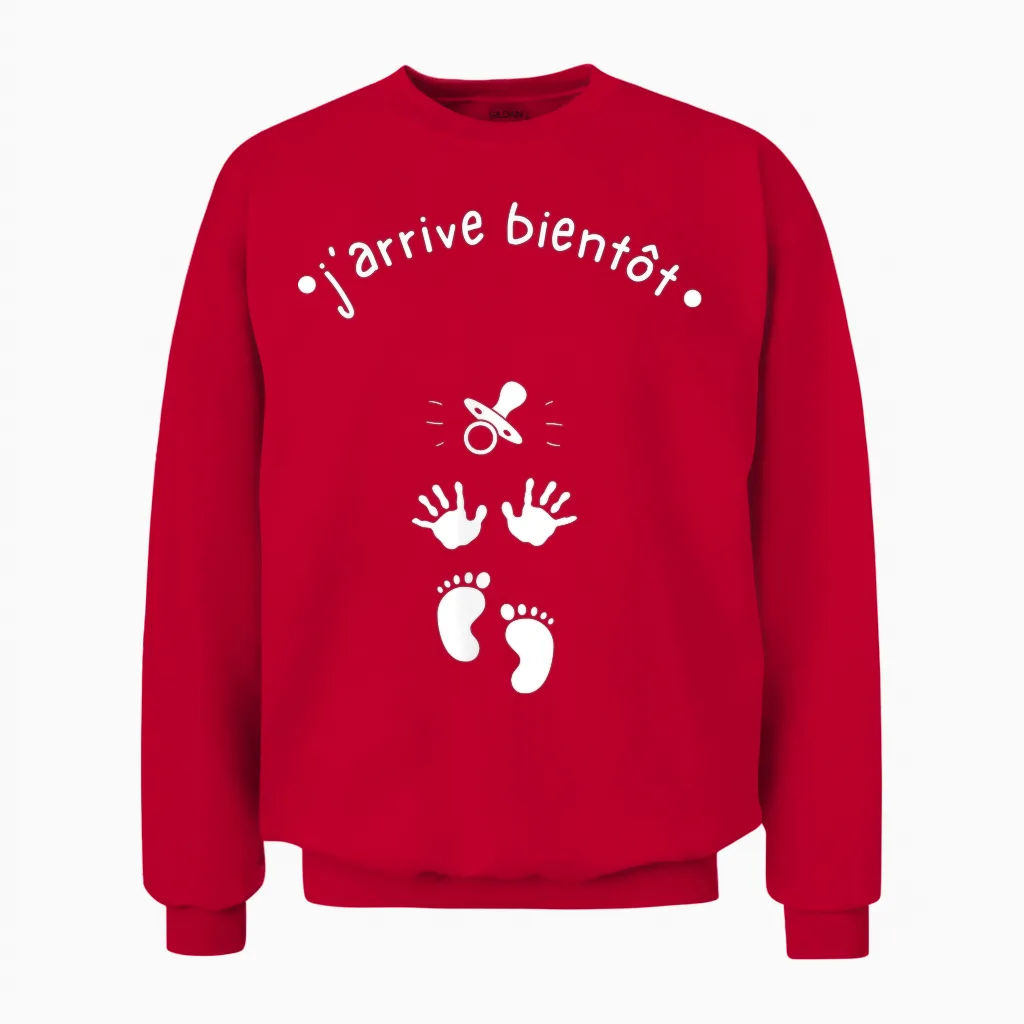 J'arrive Bientôt - Baby Shower T-Shirt, Black, S Unisex Sweatshirt in Red