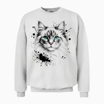 Artistic Cat with Turquoise Eyes and Paint Splash Unisex Sweatshirt - White