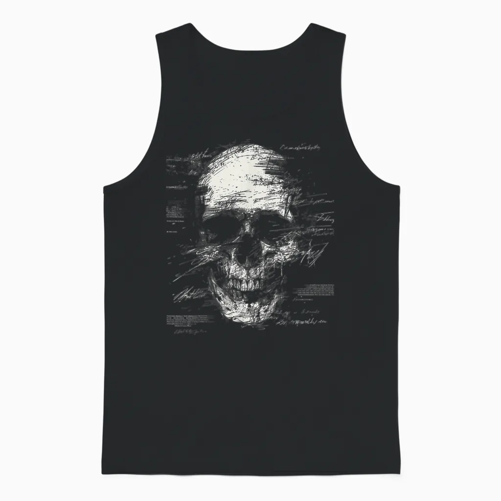 Skull Art Drawing Graphic Text Motif Skull T-Shirt, Black Unisex Tank Top in Black