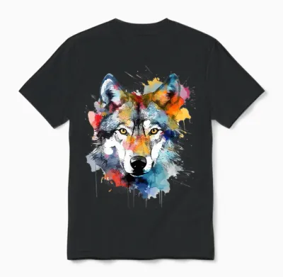 Wolfskopf Aquarell T-Shirt Damen Schwarz Small Eu 38 V-Ausschnitt Kurzarm Klassische Passform Baumwolle 50% Polyester 50% Tierdruck Wildnis Einzigartiges Wolf-Design 1 Count Unisex T-Shirt - Black