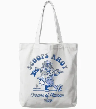 Stranger Things Scoops Ahoy Retro T-Shirt, White, S Tote Bags - White
