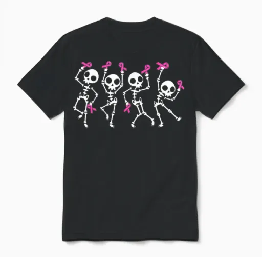 Pink Ribbon Breast Cancer Awareness Skeleton Women Men Unisex T-Shirt - Black