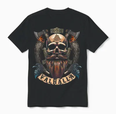 Skull Beard Valhalla Scroll - Viking Axe with Odins Raven Unisex T-Shirt - Black