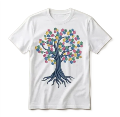 Autism Awareness Tree Puzzles Embrodery Effect Unisex T-Shirt - White