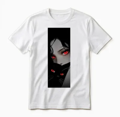 Crimson-Eyed Night with Black Cat Unisex T-Shirt - White