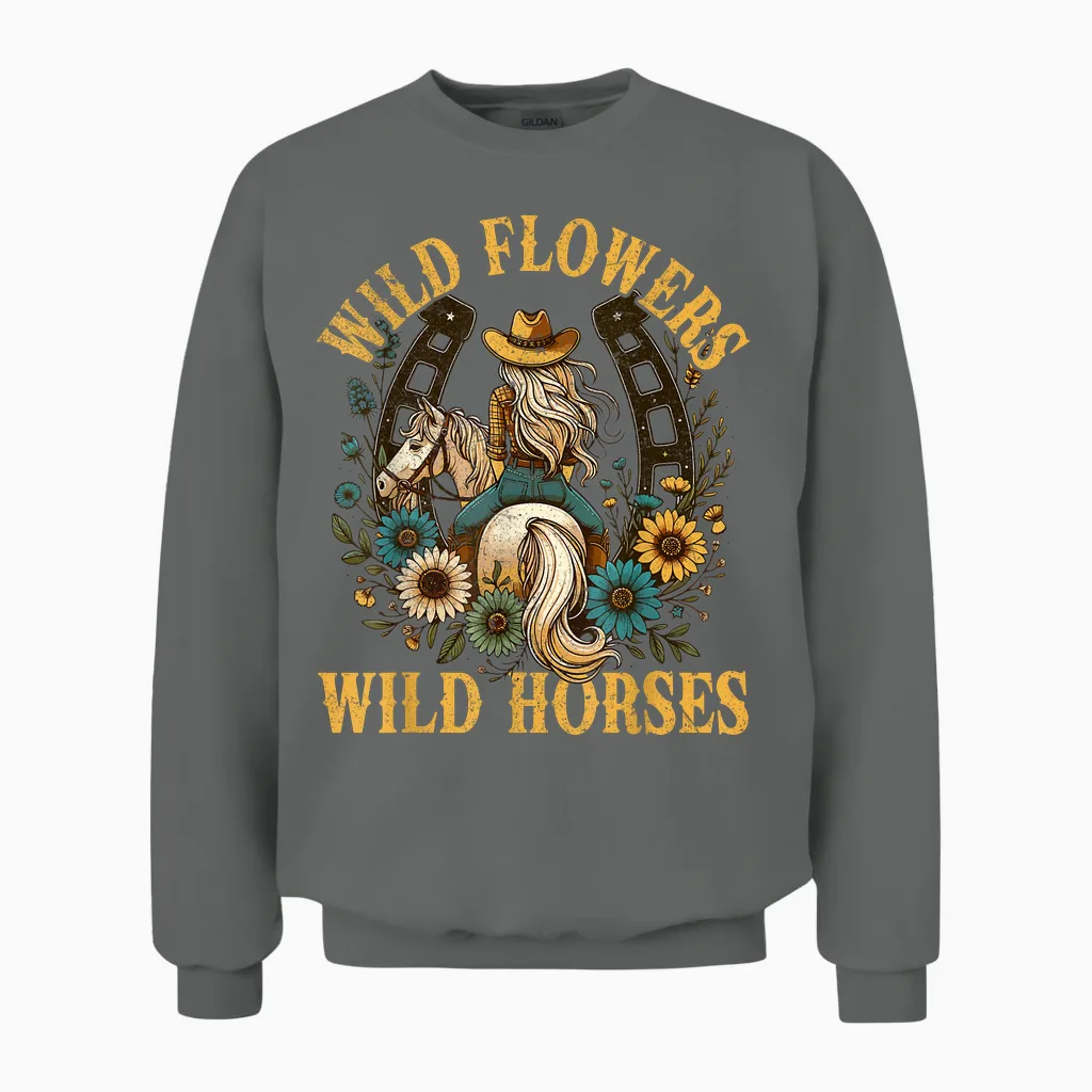 Retro Southern Sunset Cowgirl Wild Flowers - Wild Horses Unisex Sweatshirt in Graphite Heather