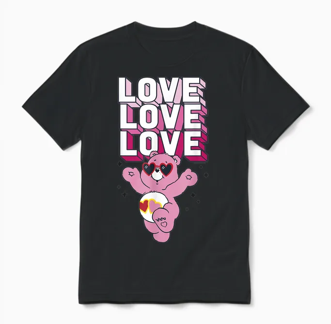 Care Bears Valentine's Day Love-A-Lot Bear Pop Love Stack T-Shirt, Grey, S Unisex T-Shirt in Black