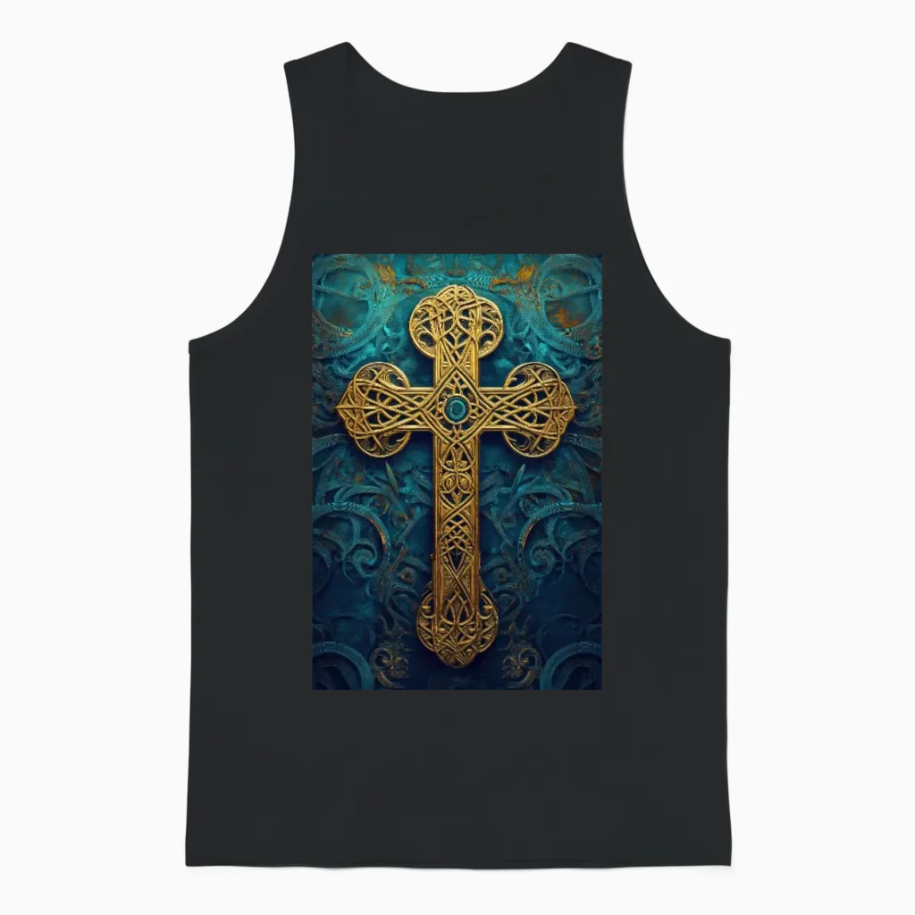 Ornate Golden Celtic Cross Unisex Tank Top in Black