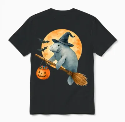 Manatee Witch Hat Pumpkin Halloween Costume Men Women Unisex T-Shirt - Black