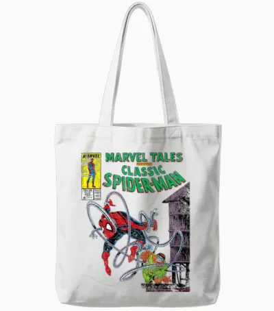 Marvel Spider-Man Vs. Doctor Octopus Retro Comic T-Shirt, Grey, S Tote Bags - White