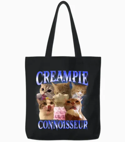 Creampie Connoisseur Raunchy Funny Cat Meme T-Shirt, Black, S Tote Bags - Black