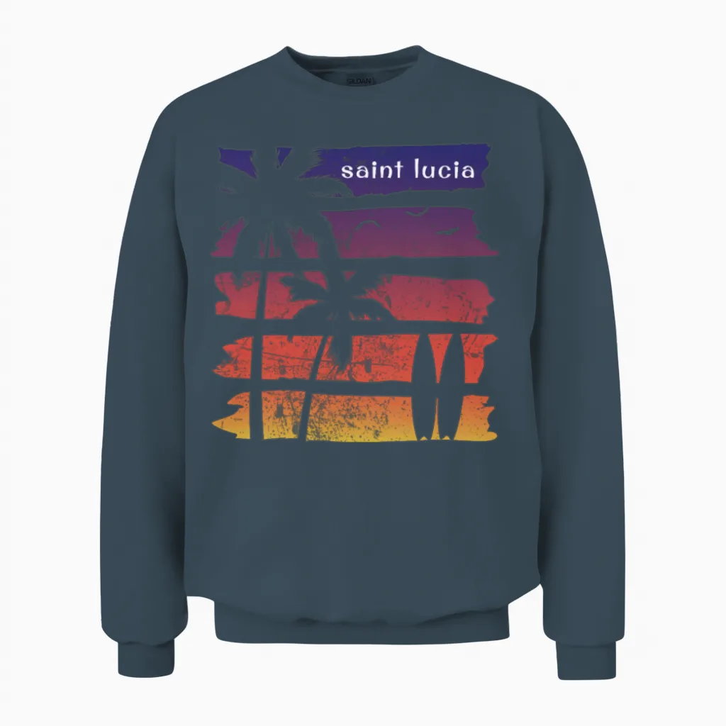 Cool Saint Lucia Surfing Fan Beach Palm Tree Unisex Sweatshirt in Dark Heather