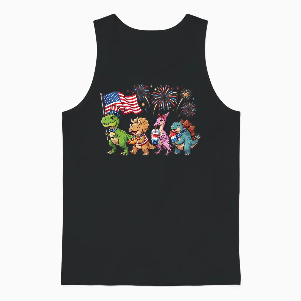 Patriotic Dinosaurs Fireworks T-Rex Triceratops 4th of July Unisex Tank Top in Black