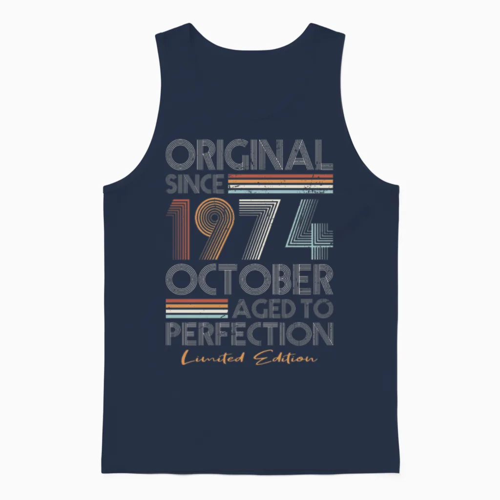 50th Birthday Vintage October 1974 Original 1974 Unisex Tank Top in Navy