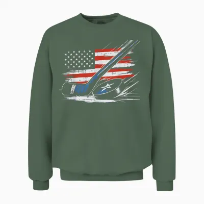 4th of July Ice Hockey Stick Puck Us Flag Men Boys Unisex Sweatshirt - Military Green