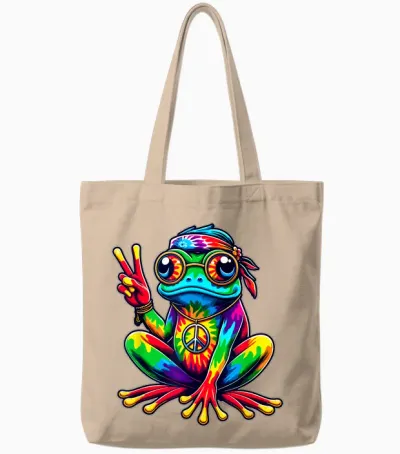 Hippie Tie-Dye Frog, 60s Party & 70s Costume, Peace Tote Bags - Natural