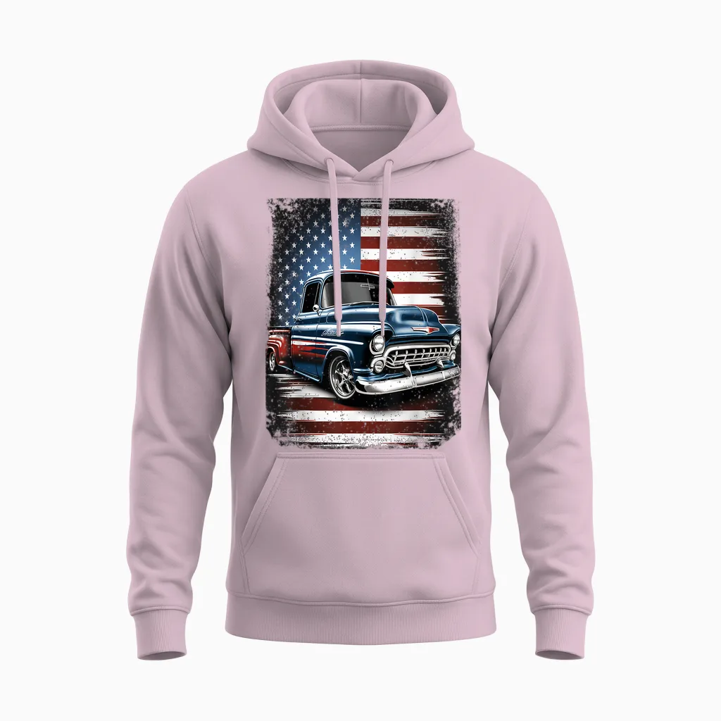 Classic Old Pickup Truck American Flag 4th of July Patriotic Unisex Hoodie in Light Pink