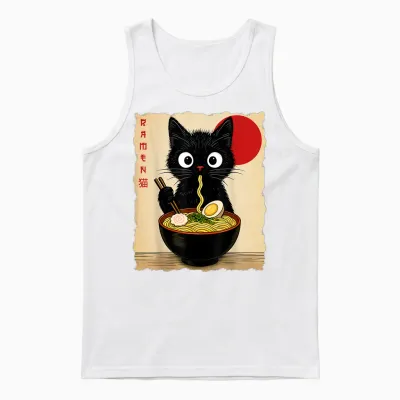 Anime Cat Ramen Japanese Funny Cat Graphic Tees Anime Gifts Unisex Tank Top - White