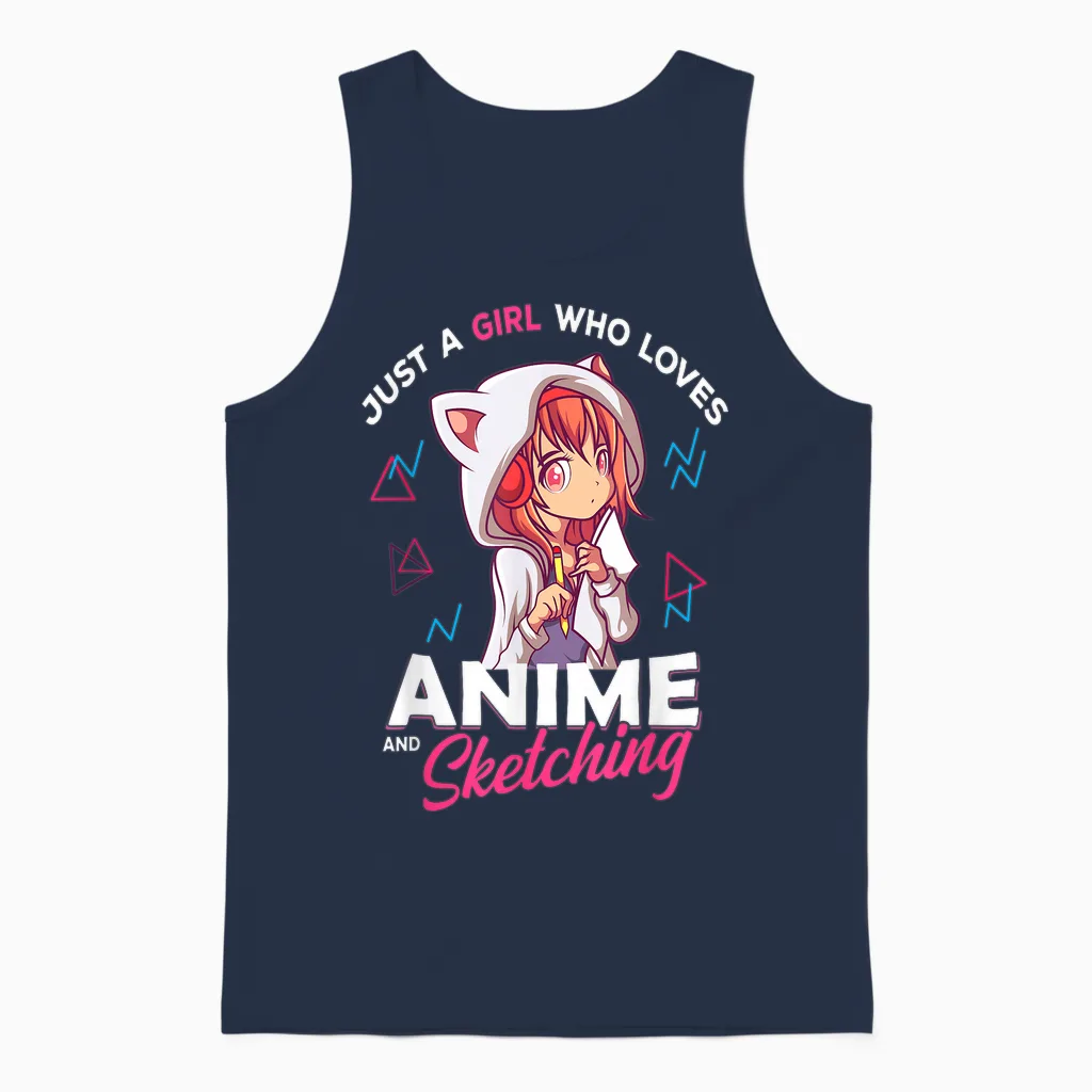 Just a Girl Who Loves Anime and Sketching Otaku Anime Merch T-Shirt Small Unisex Tank Top in Navy