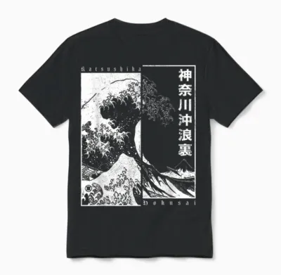 Japanese Otaku Motifs Japan Style Katsushika Hokusai the Great Wave off Kanagawa T-Shirt for Japan Fans, Anime Fans, Unisex Half Sleeve T-Shirt, Black, Small Unisex T-Shirt - Black