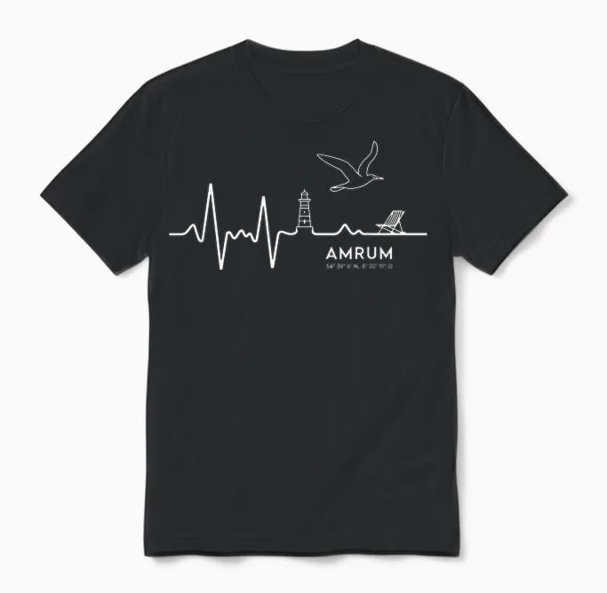 Amrum Nordsee Leuchtturm Möwe Herzschlag Reise Liebe Unisex T-Shirt in Black