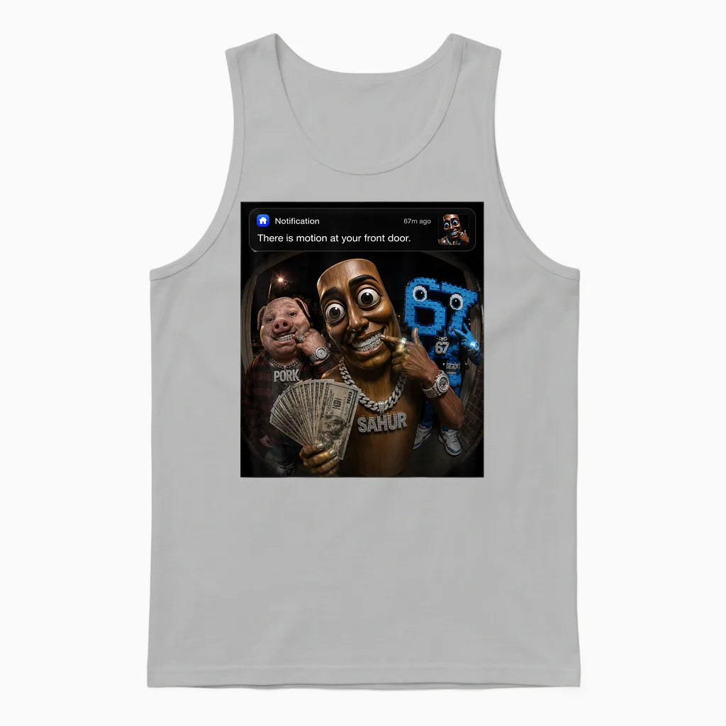 John Pork Tung Tung Tung Sahur 67 Meme Funny Brainrot Unisex Tank Top in Ash