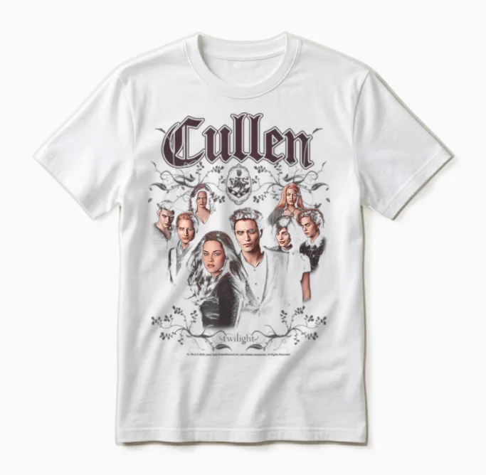 Twilight Cullen Family Portrait Filigree Frame Retro Movie Unisex T-Shirt in White