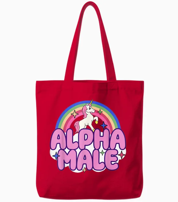 Ironic Male Alpha Unicorn Funny Sarcastic Funny Meme T-Shirt, Blue Tote Bags in Red