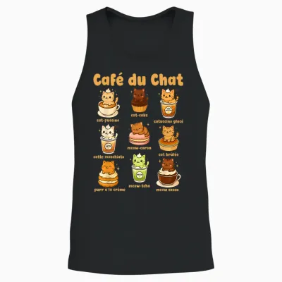Café Du Chat Cute Cats Coffee Pun Kawaii Drink Art Unisex Tank Top - Black