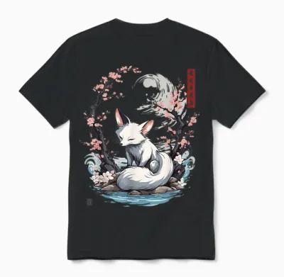 Japanese Kitsune Yokai White Fox Ghost Ukiyo-E Vintage T-Shirt, Black Unisex T-Shirt - Black