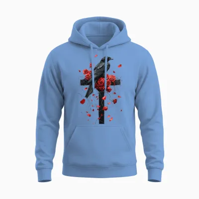 Raven with Roses on Cross Gothic T-Shirt, Black, S Unisex Hoodie - Carolina Blue