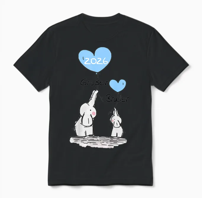 Children's Big Brother 2026 Gift Elephant Announcement Birth T-Shirt, White Unisex T-Shirt in Black