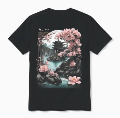 Japanese Chinese Temple Sakura Cherry Blossom Landscape T-Shirt, Black Unisex T-Shirt - Black