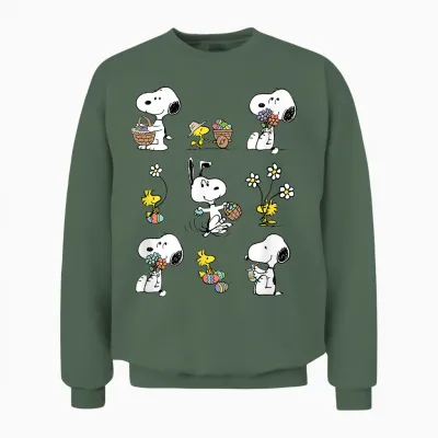 Peanuts Snoopy Woodstock Easter Spring Pattern T-Shirt, Gray Unisex Sweatshirt - Military Green