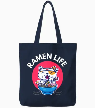 Ramen Life Cat Eat Tote Bags - Navy