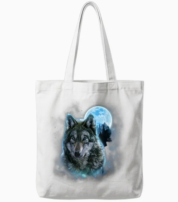 Grey Wolf Hunting Ground, Icy Moon, Forest, Galaxy Tote Bags in White