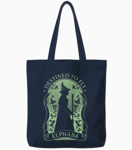 Wicked Elphaba Design with Quote Destined to Fly Tote Bags in Navy