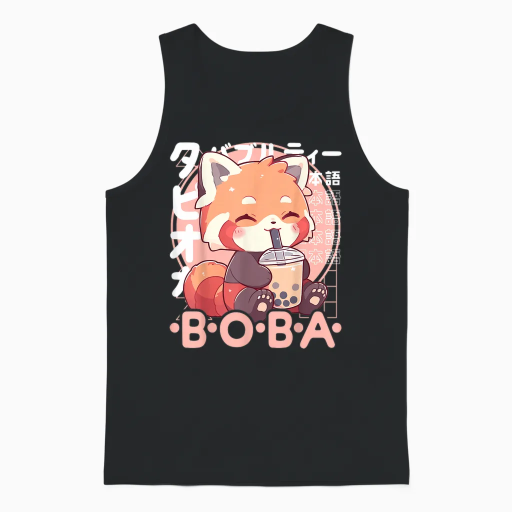 Red Panda Boba Tee Kawaii Bubble Tea Red Panda Anime Neko T-Shirt, Black Unisex Tank Top in Black