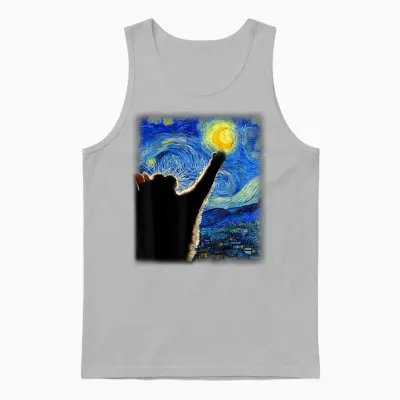 Van Gogh Starry Night Cat T-Shirt - Classic Fit, Cat Lover/mom/dad Gift, Black Crew Neck Unisex Tank Top - Ash