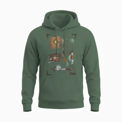Zelda Breath of the Wild Link Inventory Graphic Unisex Hoodie - Military Green