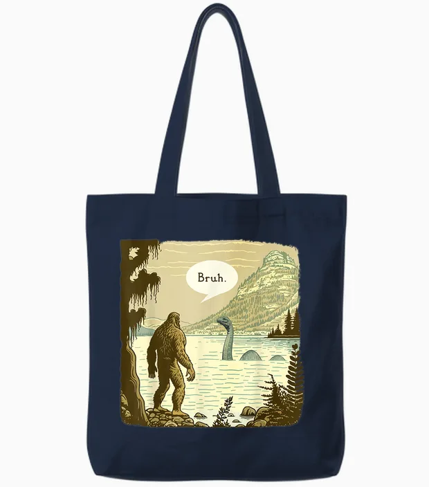 Funny Bigfoot Sasquatch Loch Ness Monster Introvert Bruh Tote Bags in Navy