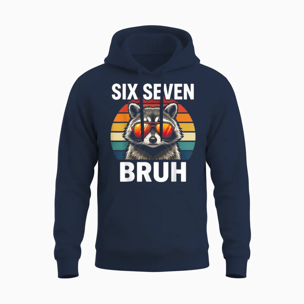 Cool Retro Six Seven Bruh Raccoon Sunglasses Meme 67 Unisex Hoodie in Navy