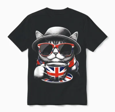 Cat Sunglasses Uk British Flag England Funny Unisex T-Shirt - Black