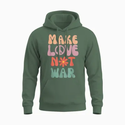 Make Love Not War Hippie 70s Peace Daisy Funny T-Shirt, Black Unisex Hoodie - Military Green