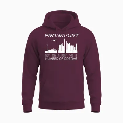 Gps Coodinates and Skyline of Your City of Dreams Frankfurt Main Skyline Gps Koordinaten Banken Wolkenkratzer T-Shirt Schwarz Unisex S Eu 41.5 Klein Regular Casual Graphic Unisex Hoodie - Maroon